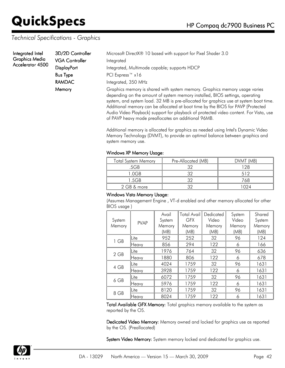 Technical specifications - graphics, Quickspecs, Hp compaq dc7900 business pc | HP DC7900 User Manual | Page 42 / 66