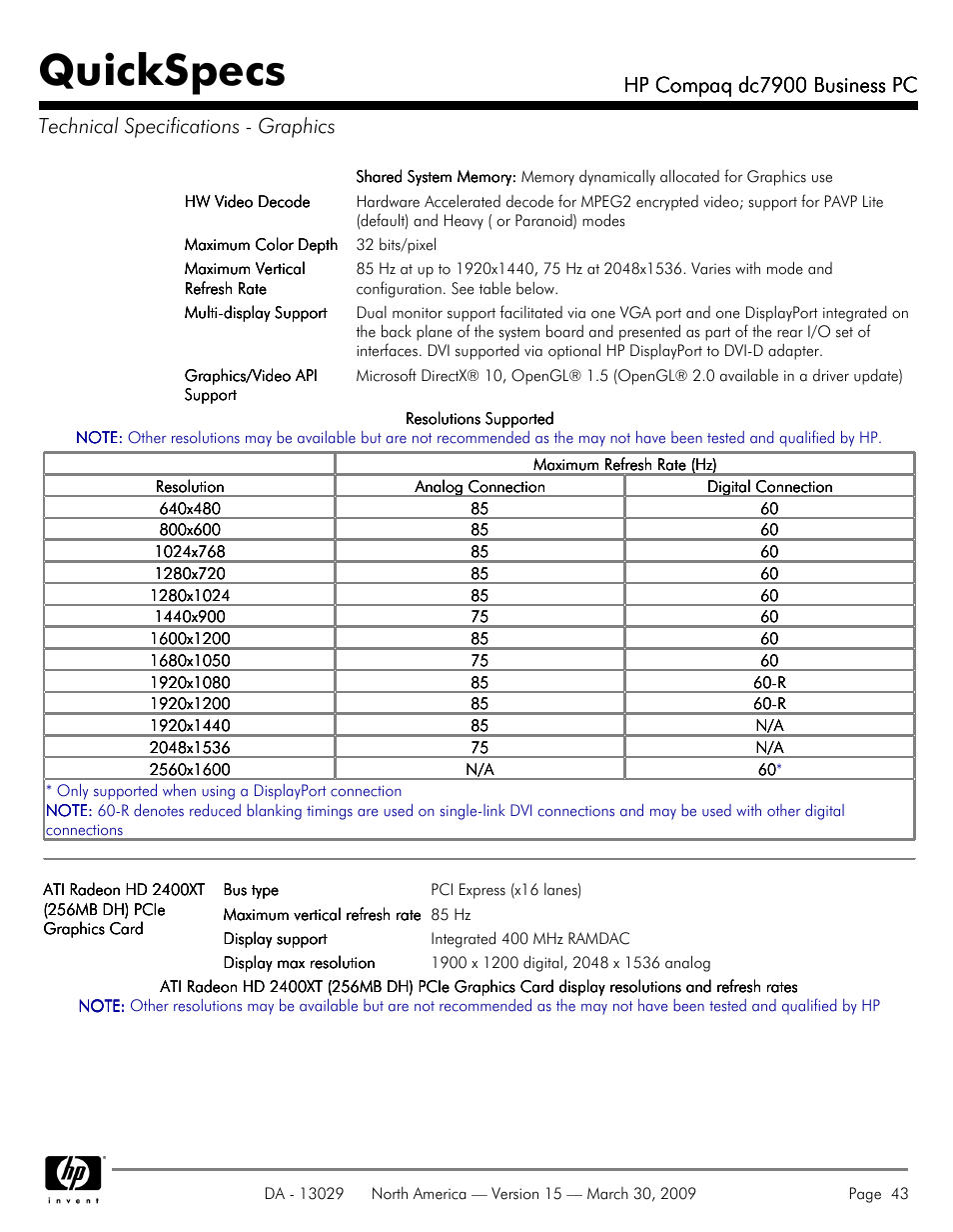 Quickspecs, Hp compaq dc7900 business pc | HP DC7900 User Manual | Page 43 / 66