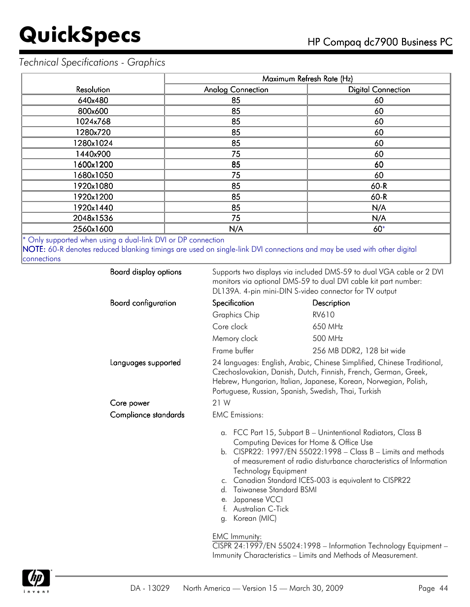 Quickspecs, Hp compaq dc7900 business pc | HP DC7900 User Manual | Page 44 / 66