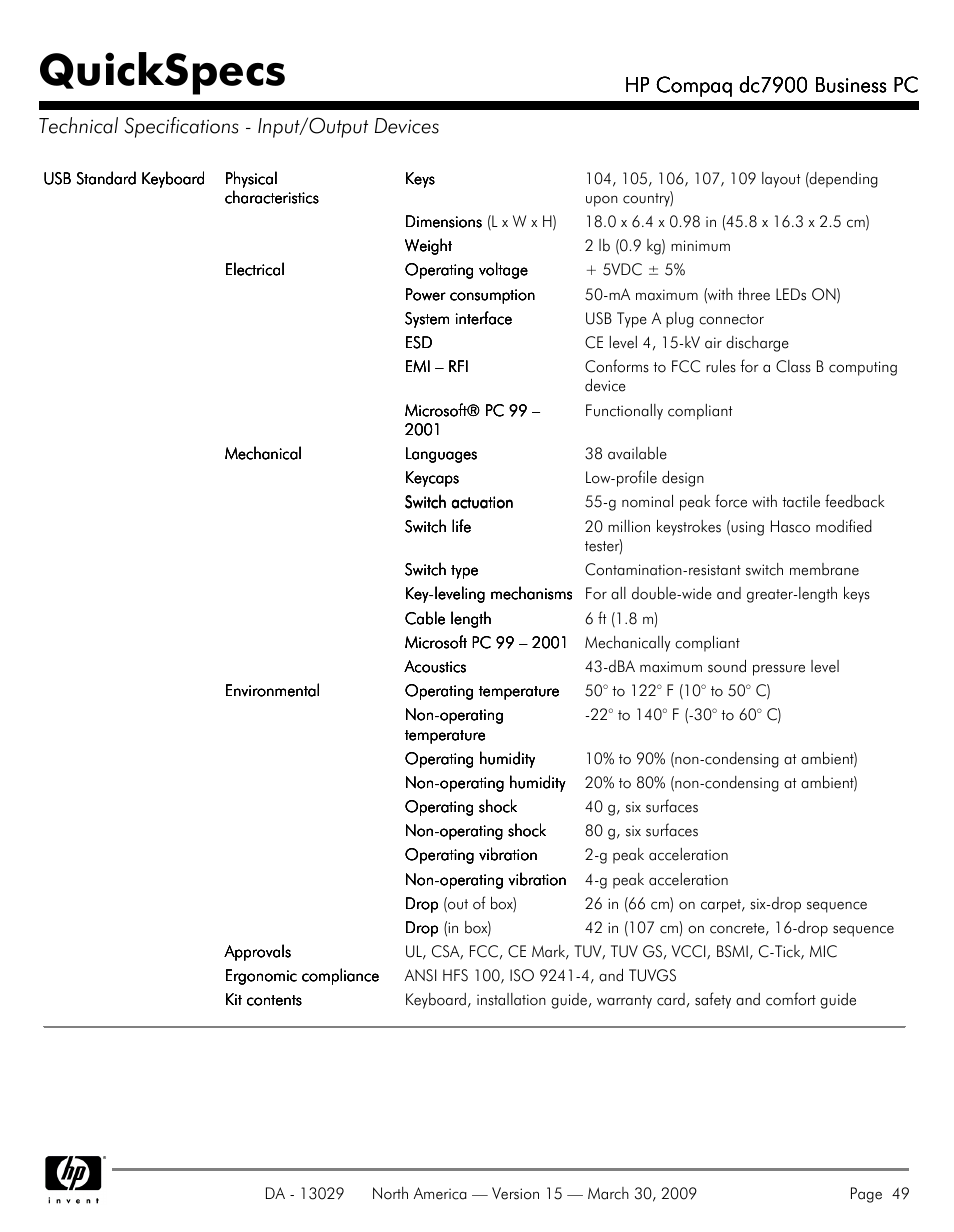 Technical specifications - input/output devices, Quickspecs, Hp compaq dc7900 business pc | HP DC7900 User Manual | Page 49 / 66