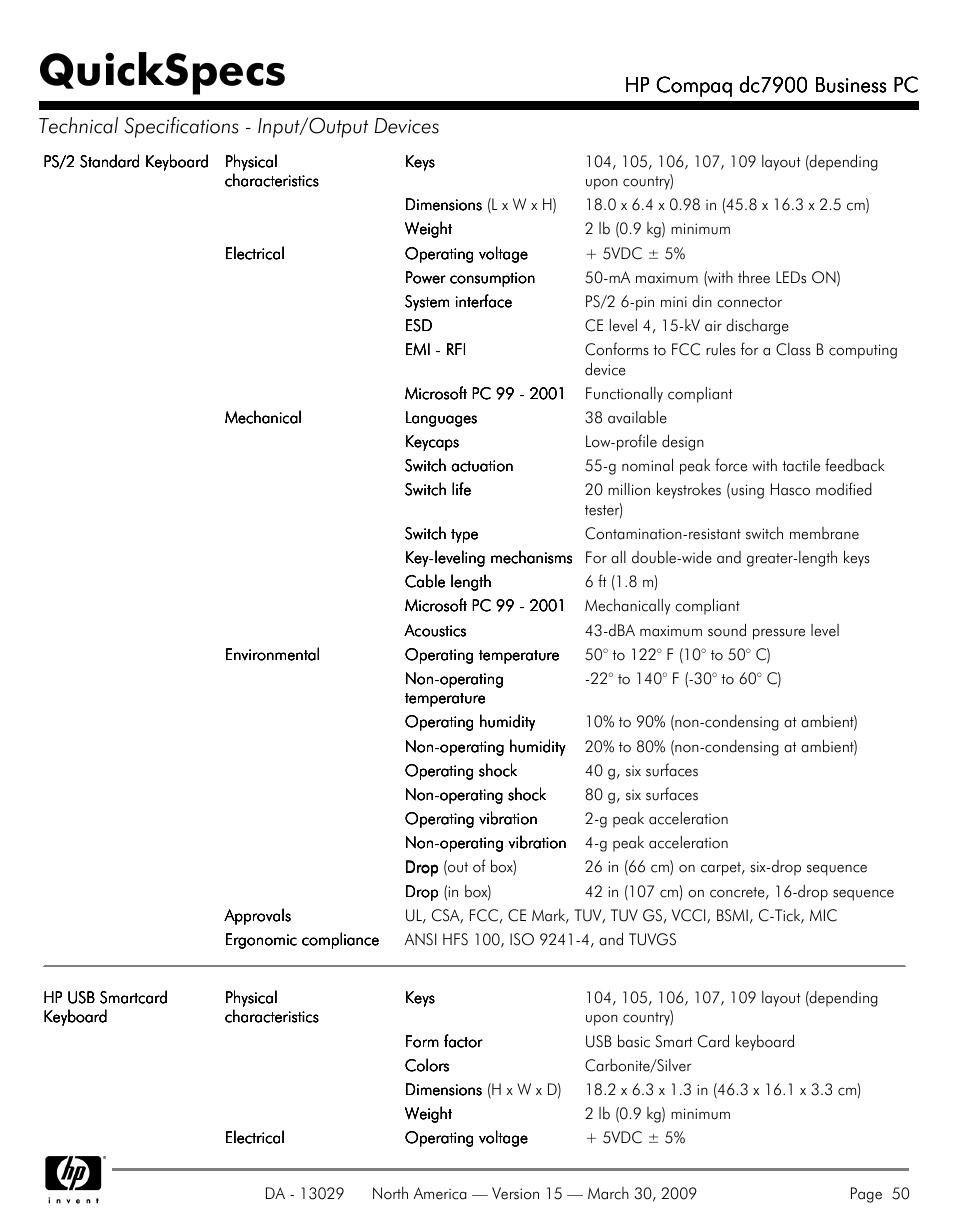 Quickspecs, Hp compaq dc7900 business pc | HP DC7900 User Manual | Page 50 / 66