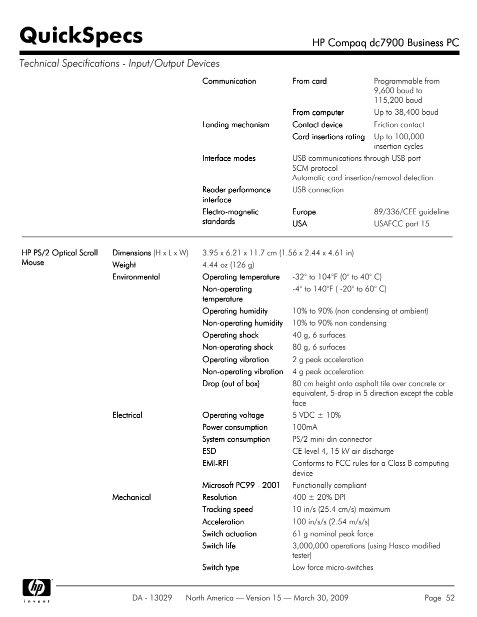 Quickspecs, Hp compaq dc7900 business pc | HP DC7900 User Manual | Page 52 / 66