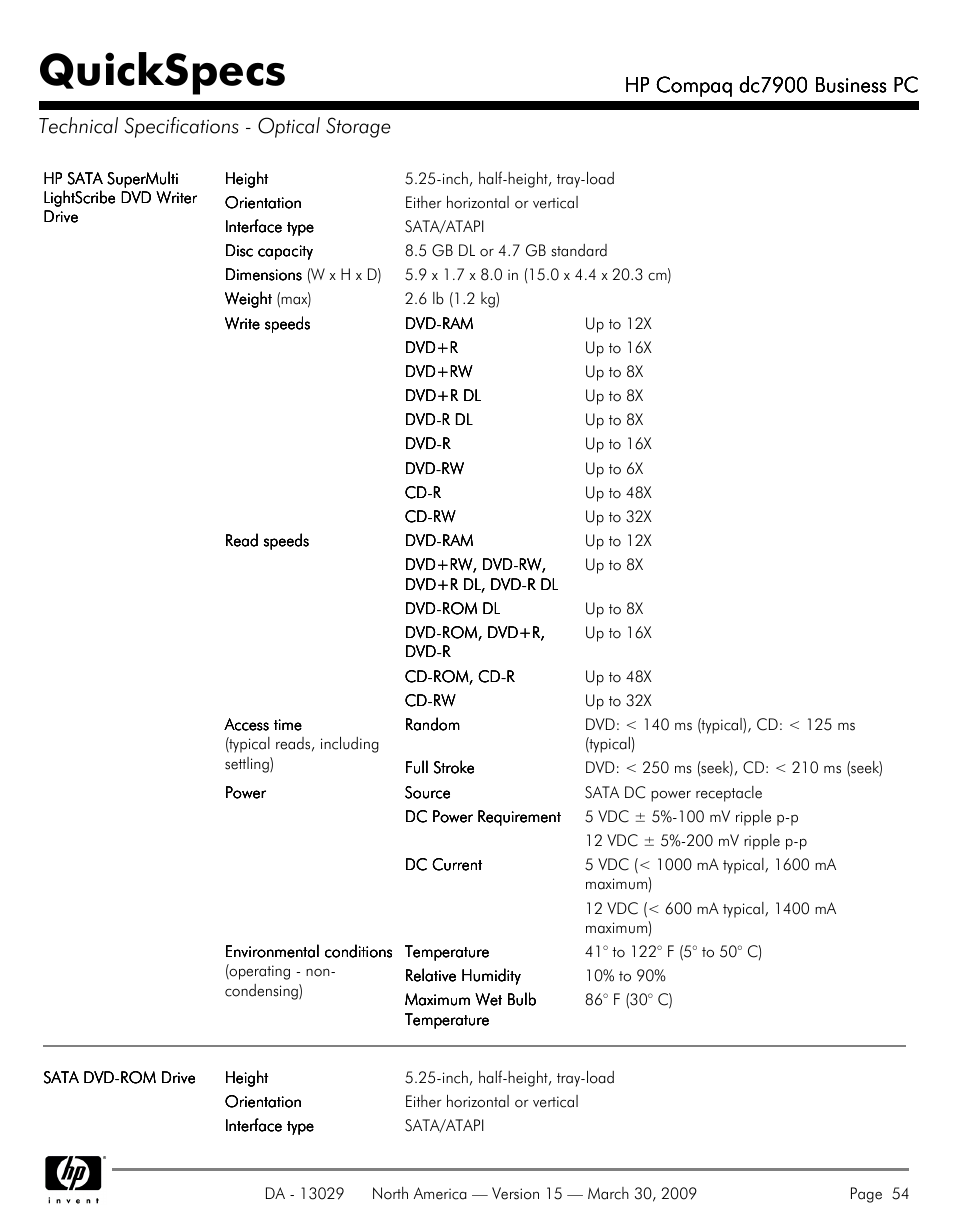 Technical specifications - optical storage, Quickspecs, Hp compaq dc7900 business pc | HP DC7900 User Manual | Page 54 / 66