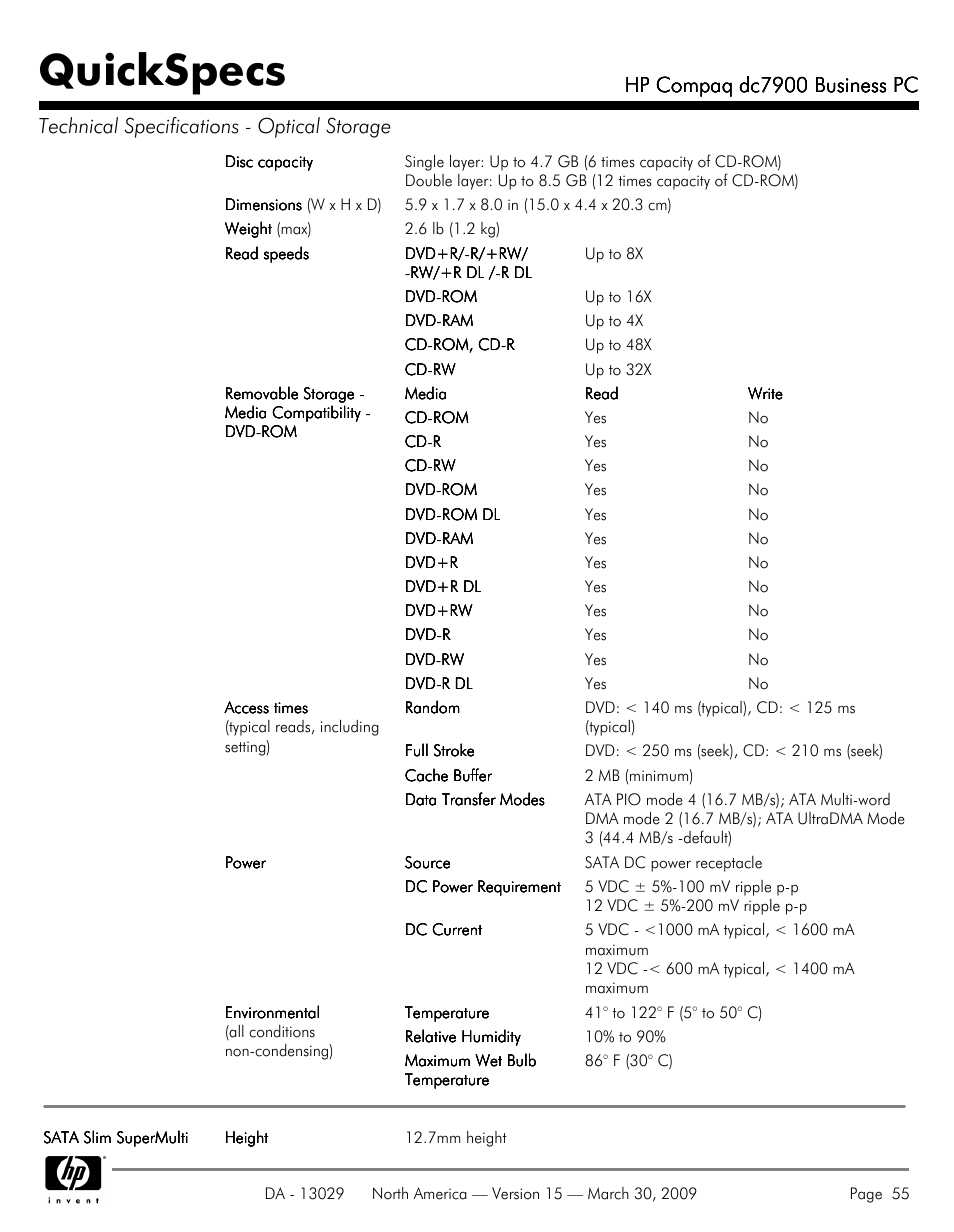 Quickspecs, Hp compaq dc7900 business pc | HP DC7900 User Manual | Page 55 / 66