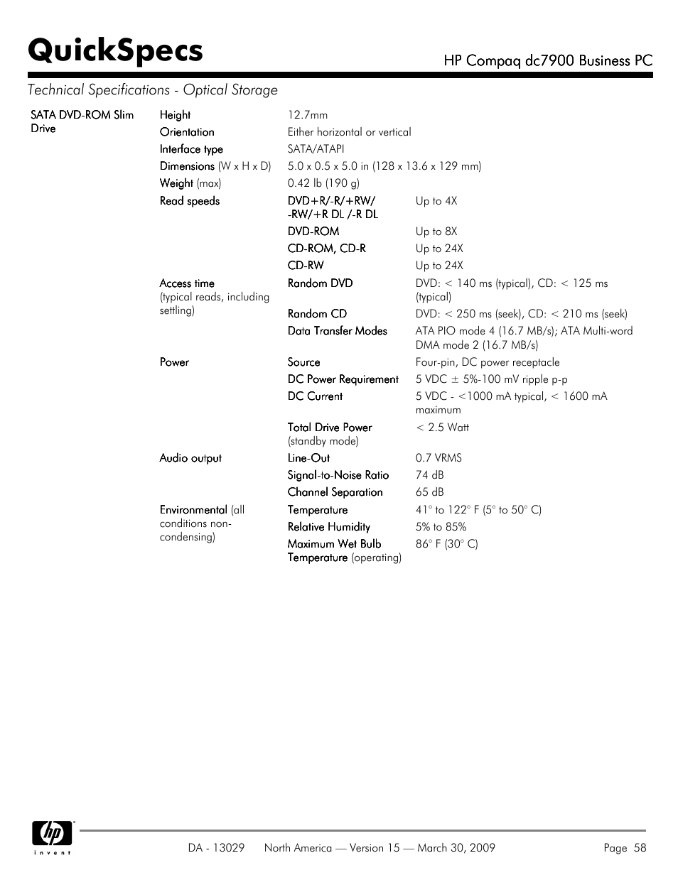 Quickspecs, Hp compaq dc7900 business pc | HP DC7900 User Manual | Page 58 / 66