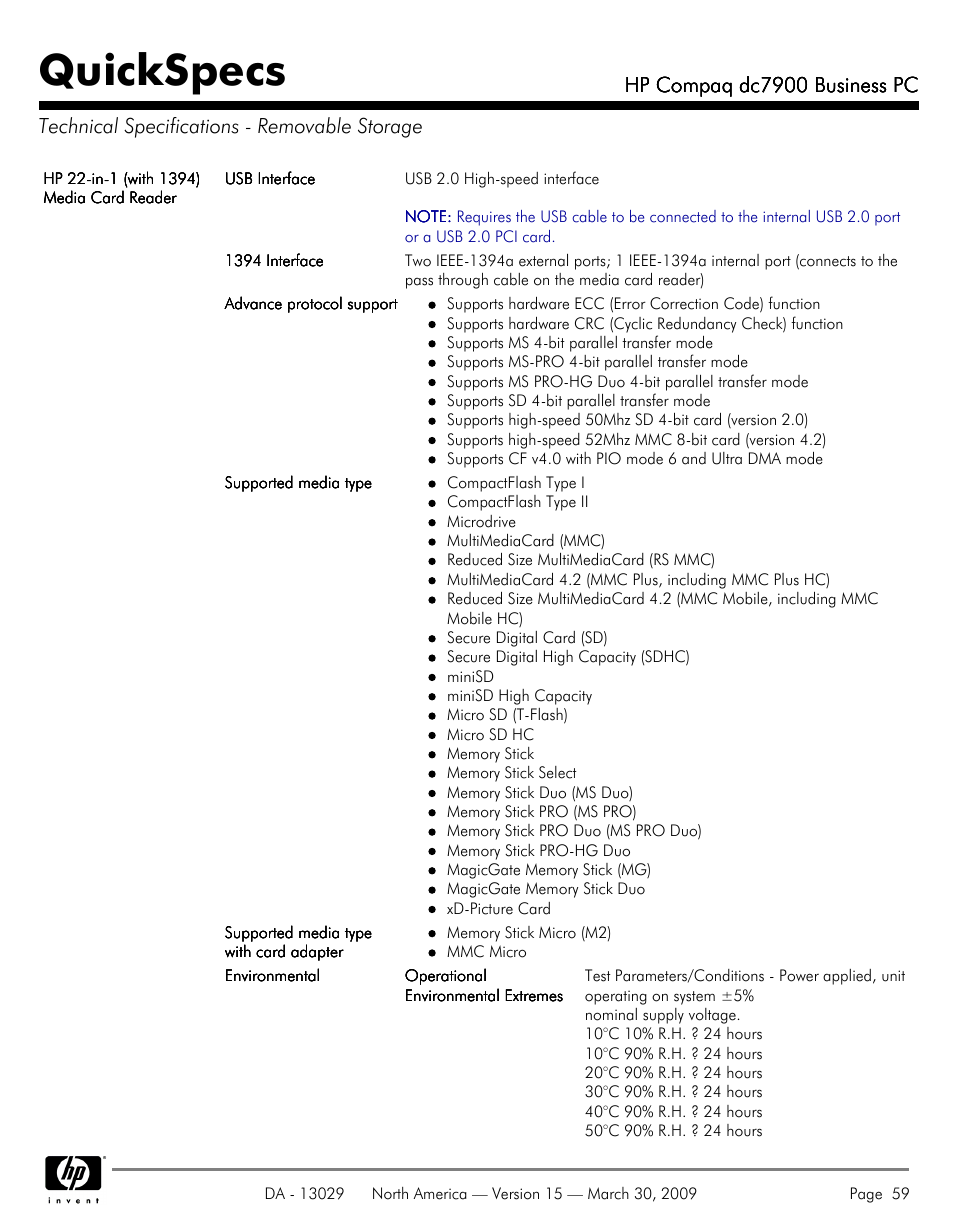 Technical specifications - removable storage, Quickspecs | HP DC7900 User Manual | Page 59 / 66