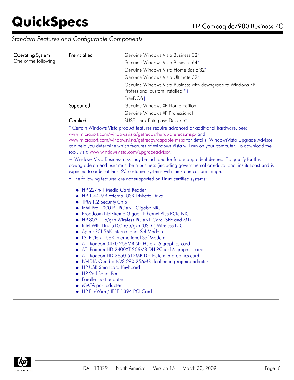 Standard features and configurable components, Quickspecs | HP DC7900 User Manual | Page 6 / 66