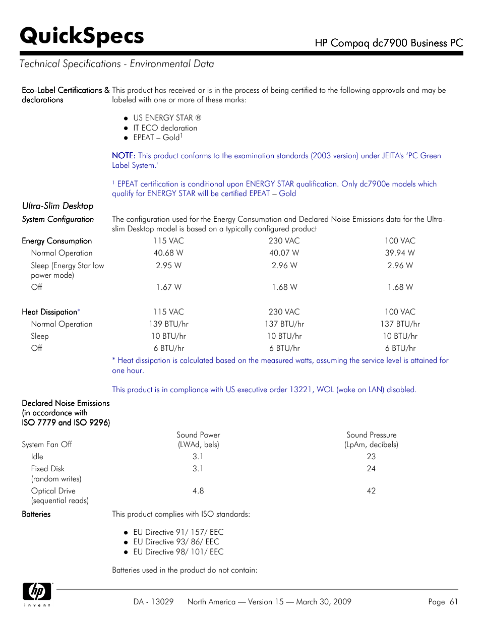 Technical specifications - environmental data, Quickspecs, Hp compaq dc7900 business pc | HP DC7900 User Manual | Page 61 / 66