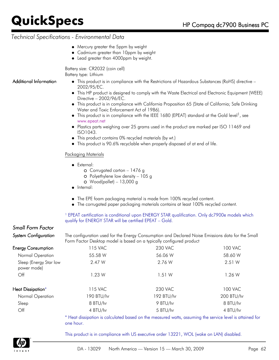 Quickspecs | HP DC7900 User Manual | Page 62 / 66