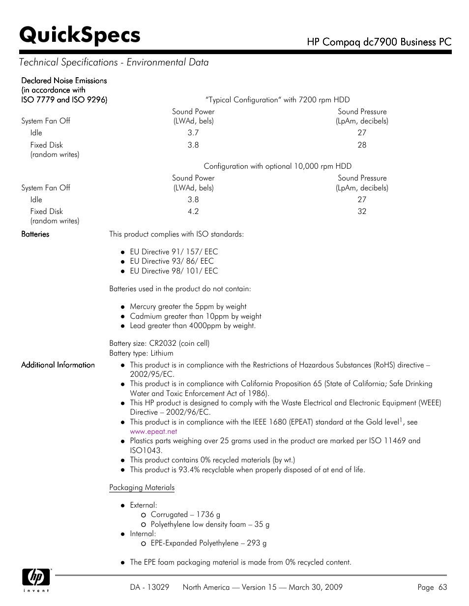 Quickspecs | HP DC7900 User Manual | Page 63 / 66