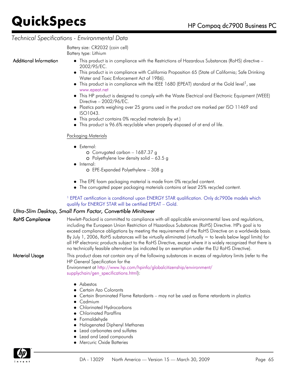 Quickspecs | HP DC7900 User Manual | Page 65 / 66