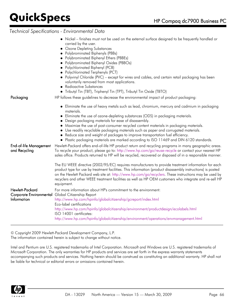 Quickspecs | HP DC7900 User Manual | Page 66 / 66