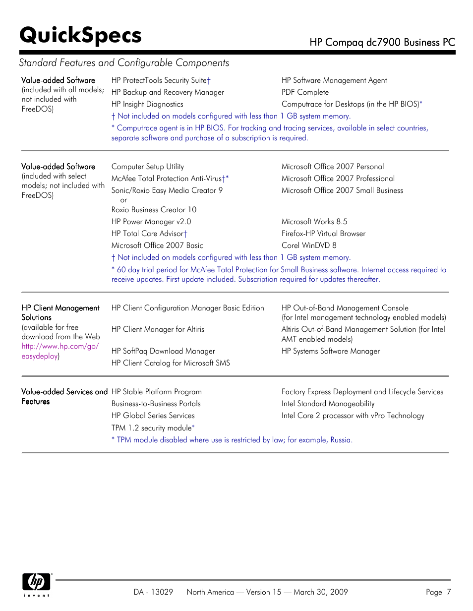 Quickspecs | HP DC7900 User Manual | Page 7 / 66