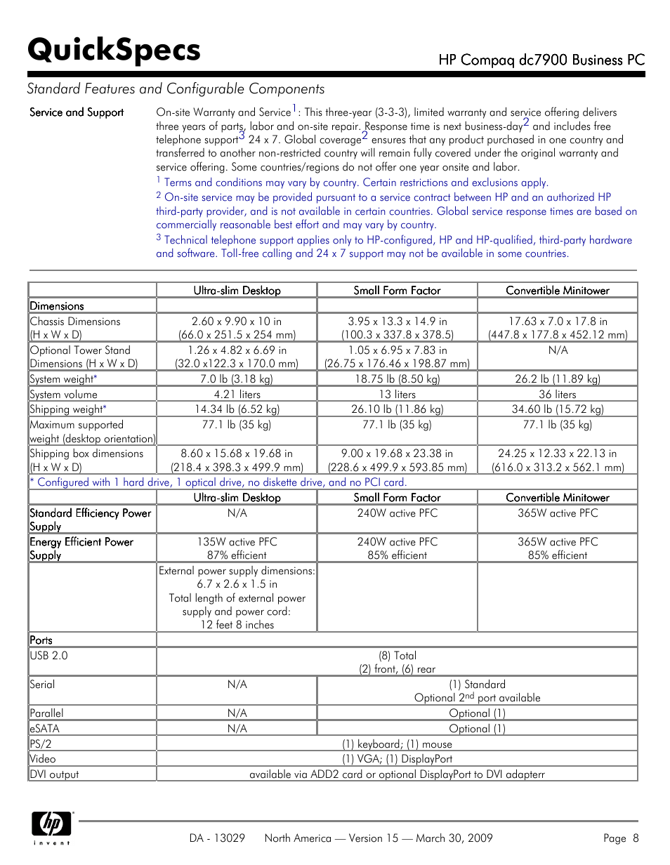 Quickspecs, Hp compaq dc7900 business pc | HP DC7900 User Manual | Page 8 / 66