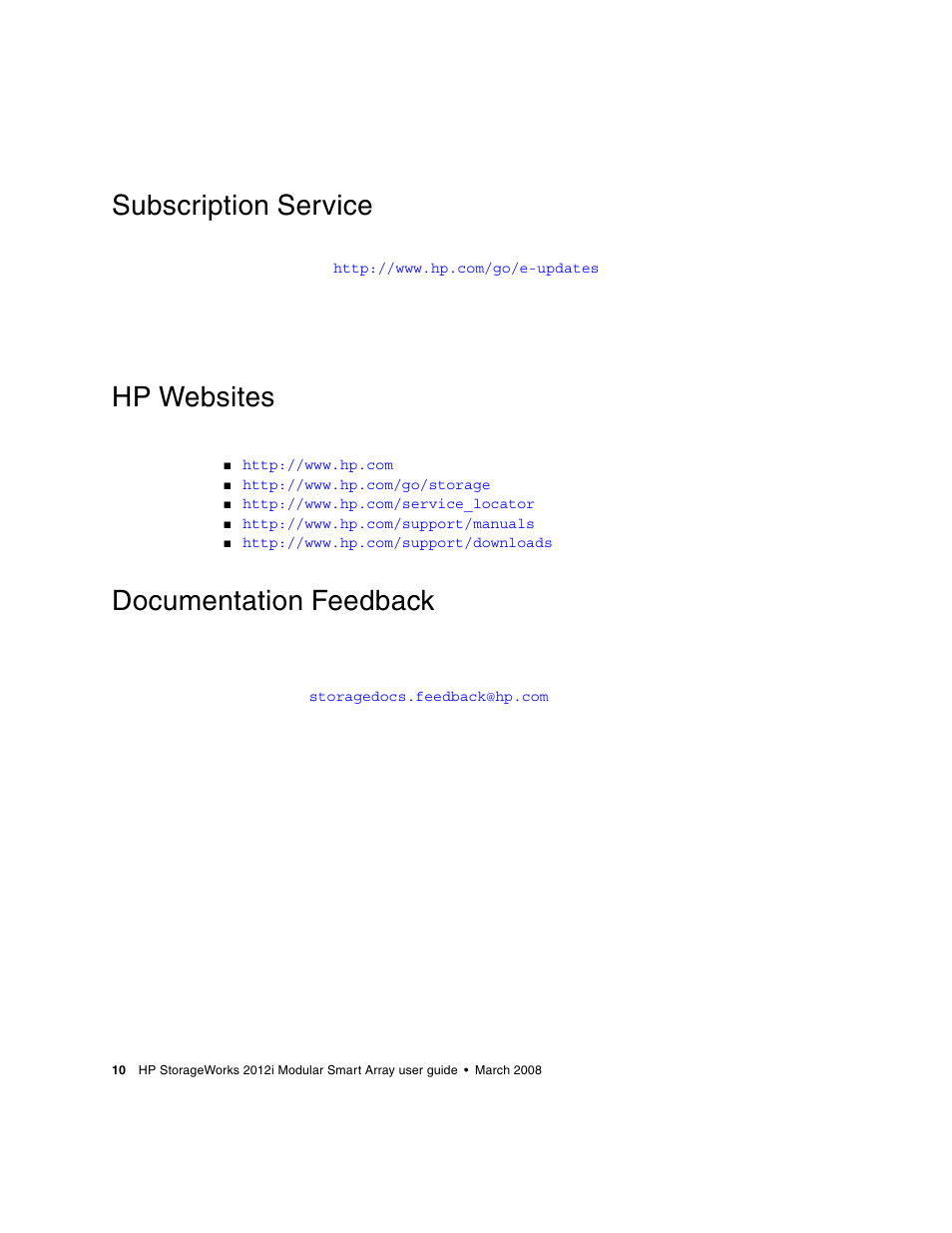 Subscription service, Hp websites, Documentation feedback | HP 2012i User Manual | Page 10 / 86