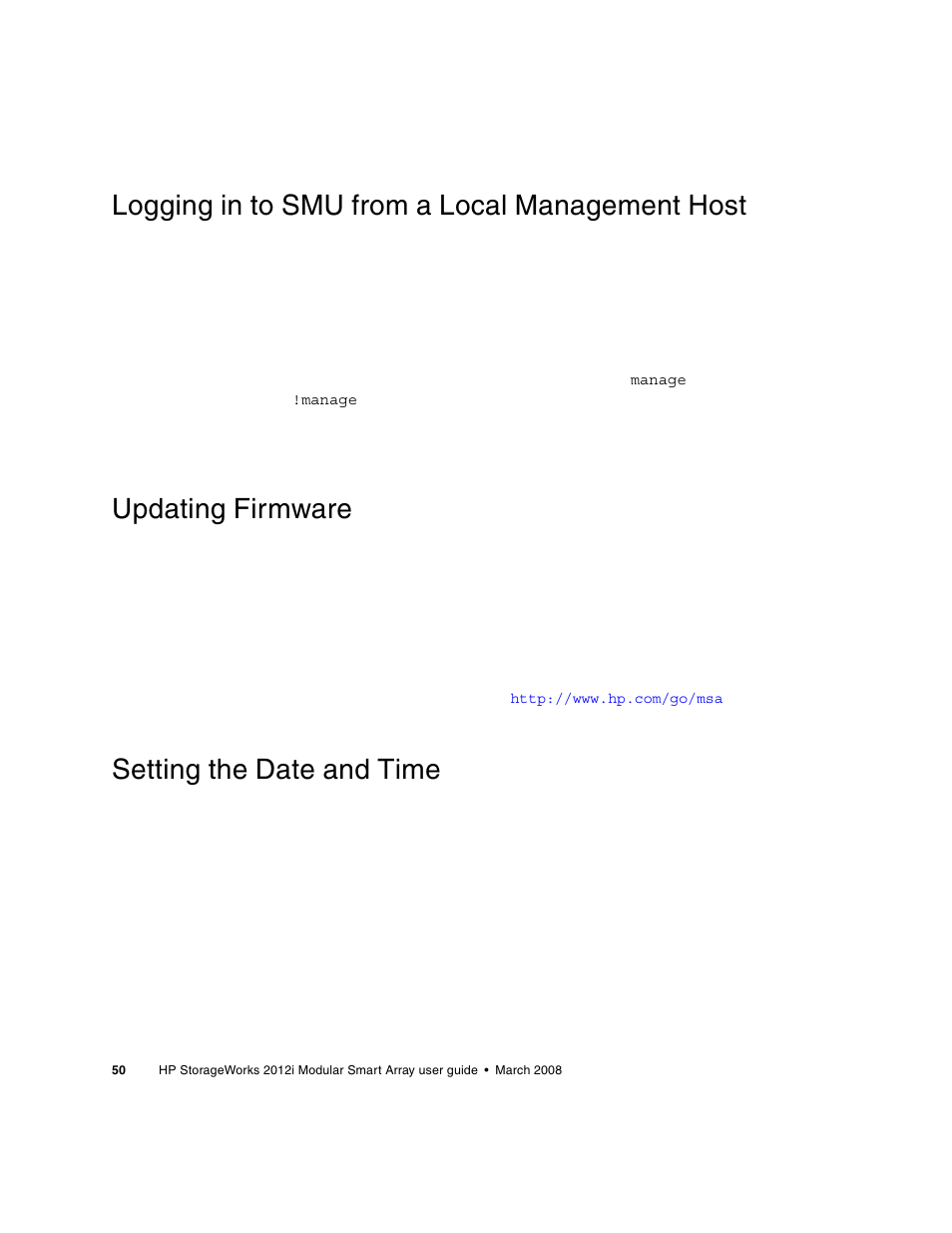 Logging in to smu from a local management host, Updating firmware, Setting the date and time | HP 2012i User Manual | Page 50 / 86