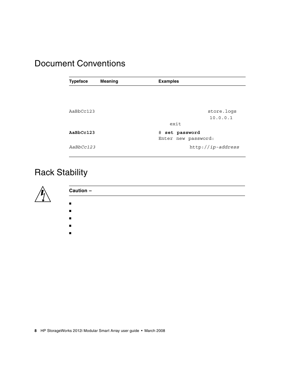 Document conventions, Rack stability, Document conventions rack stability | HP 2012i User Manual | Page 8 / 86