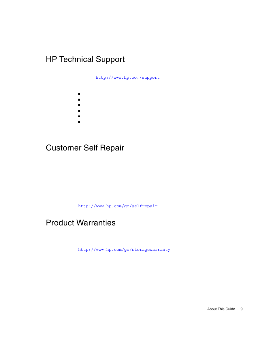 Hp technical support, Customer self repair, Product warranties | HP 2012i User Manual | Page 9 / 86