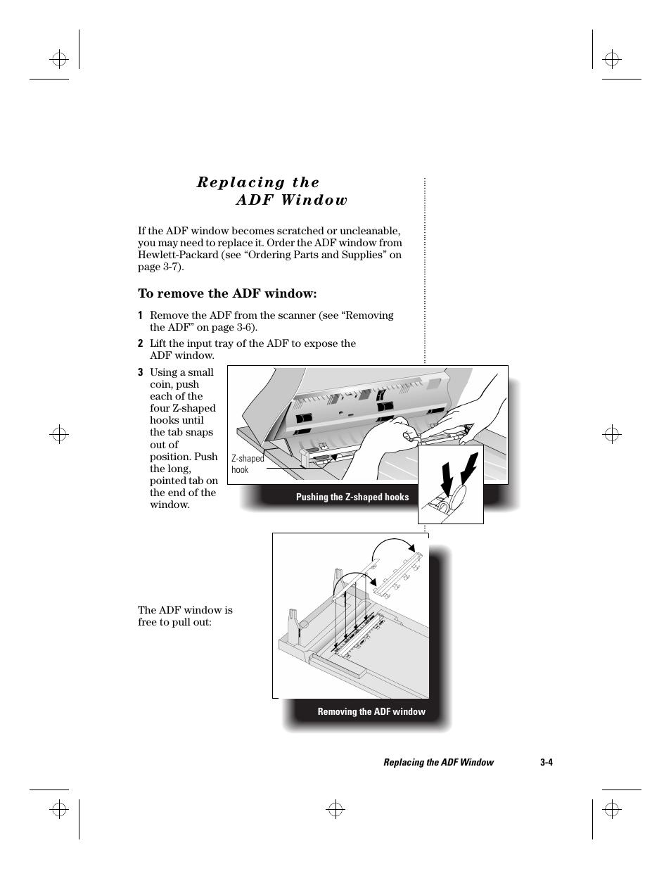 Replacing the adfwindow, Replacing the adf window -4, Replacing the adf window | HP ScanJet Scanners User Manual | Page 21 / 38