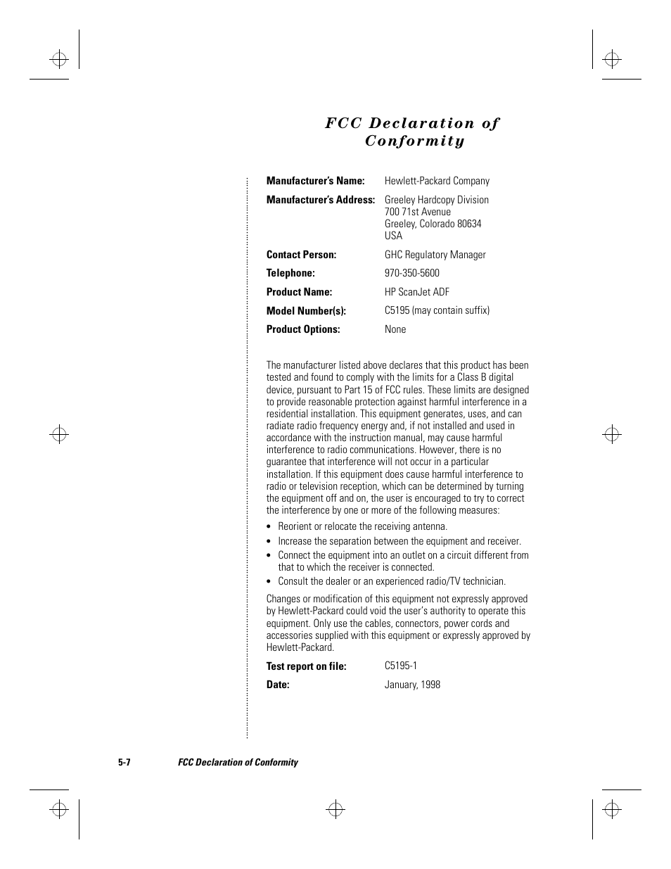 Fcc declaration of conformity, Fcc declaration of conformity -7 | HP ScanJet Scanners User Manual | Page 34 / 38