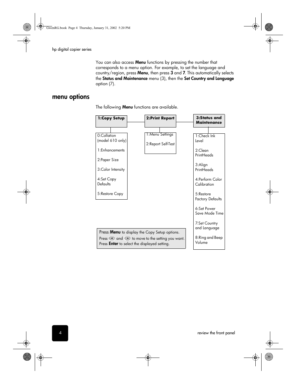 Menu options | HP 610 User Manual | Page 10 / 102