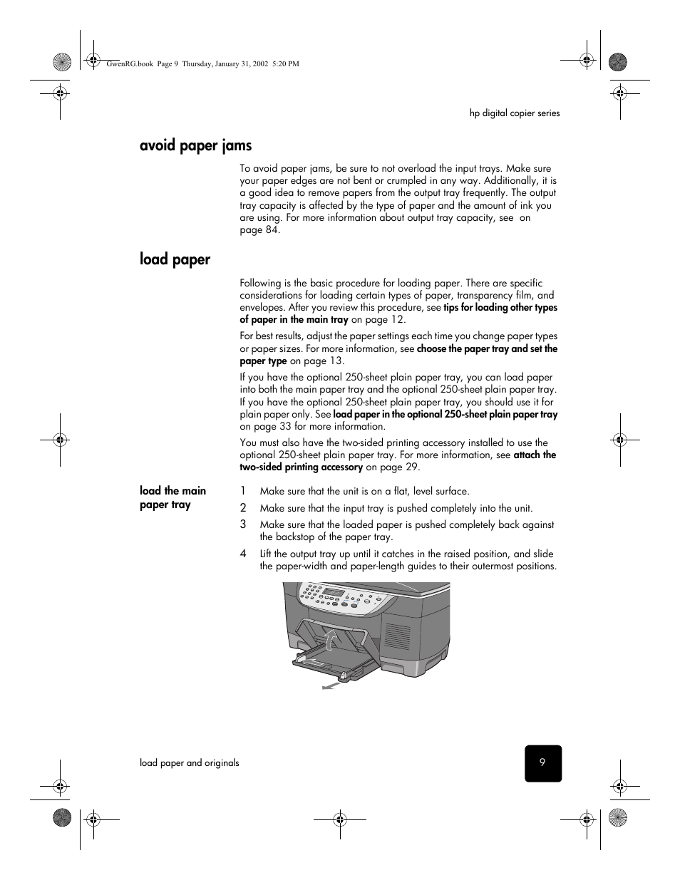 Avoid paper jams, Load paper, Load the main paper tray | HP 610 User Manual | Page 15 / 102