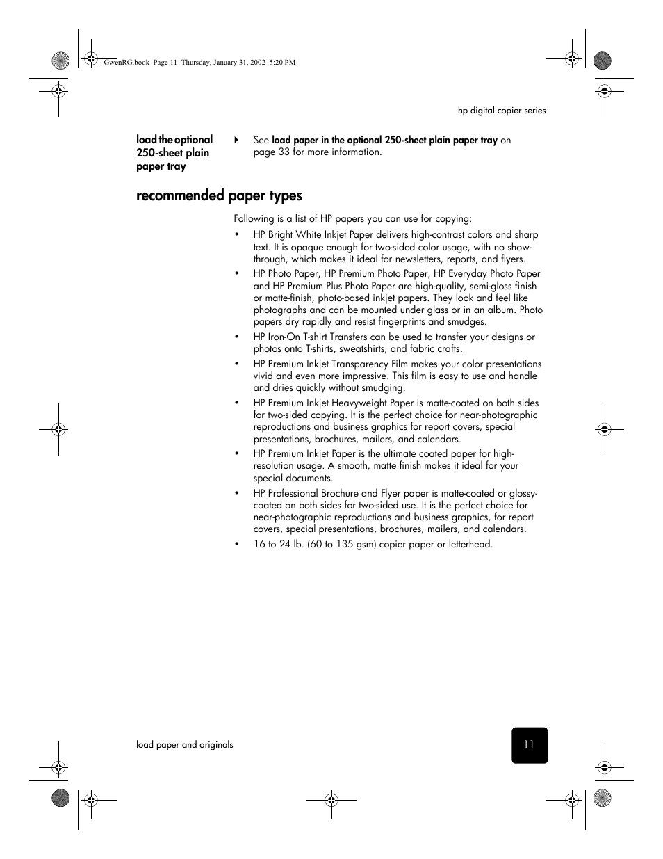 Load the optional 250-sheet plain paper tray, Recommended paper types | HP 610 User Manual | Page 17 / 102