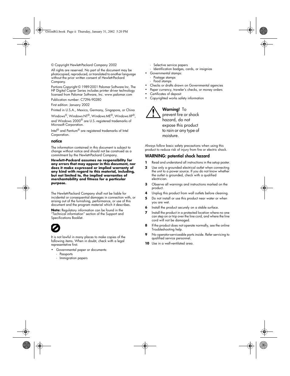 Notice, Warning: potential shock hazard | HP 610 User Manual | Page 2 / 102