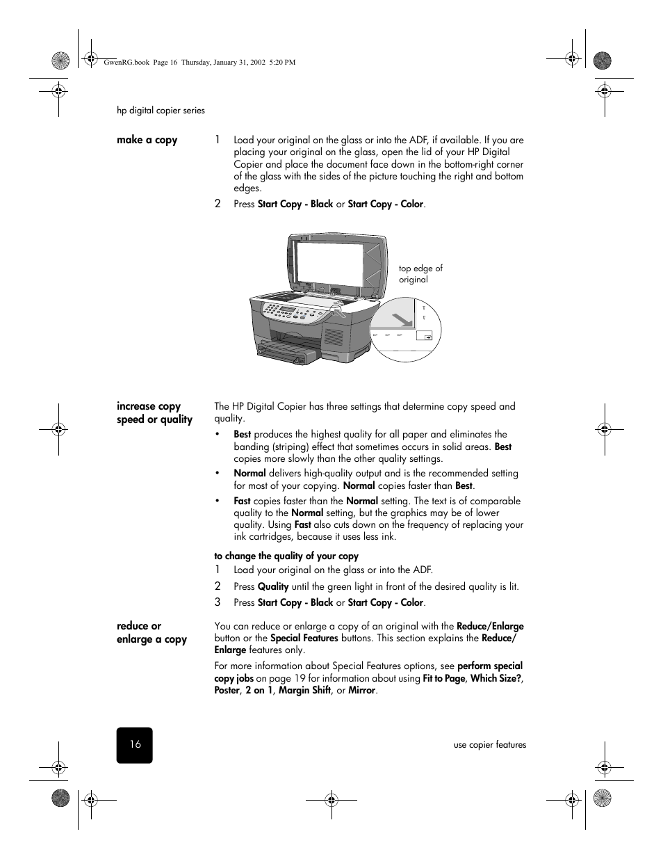 Make a copy, Increase copy speed or quality, Reduce or enlarge a copy | HP 610 User Manual | Page 22 / 102