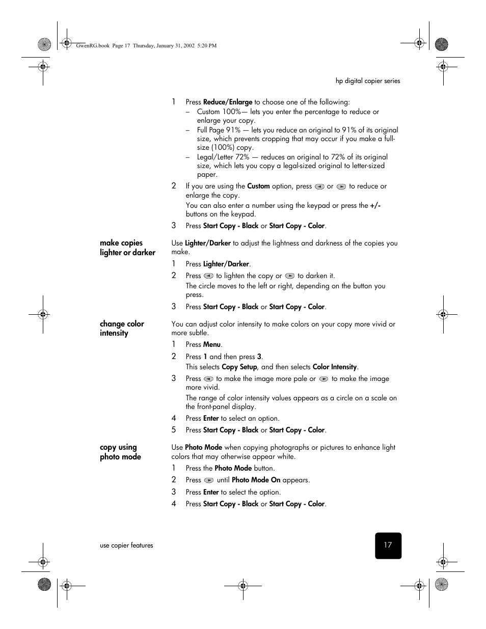 Make copies lighter or darker, Change color intensity, Copy using photo mode | HP 610 User Manual | Page 23 / 102