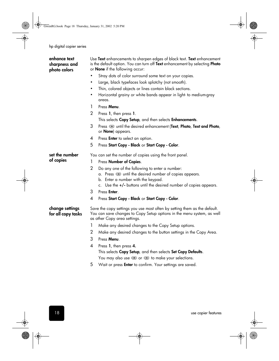 Enhance text sharpness and photo colors, Set the number of copies, Change settings for all copy tasks | HP 610 User Manual | Page 24 / 102