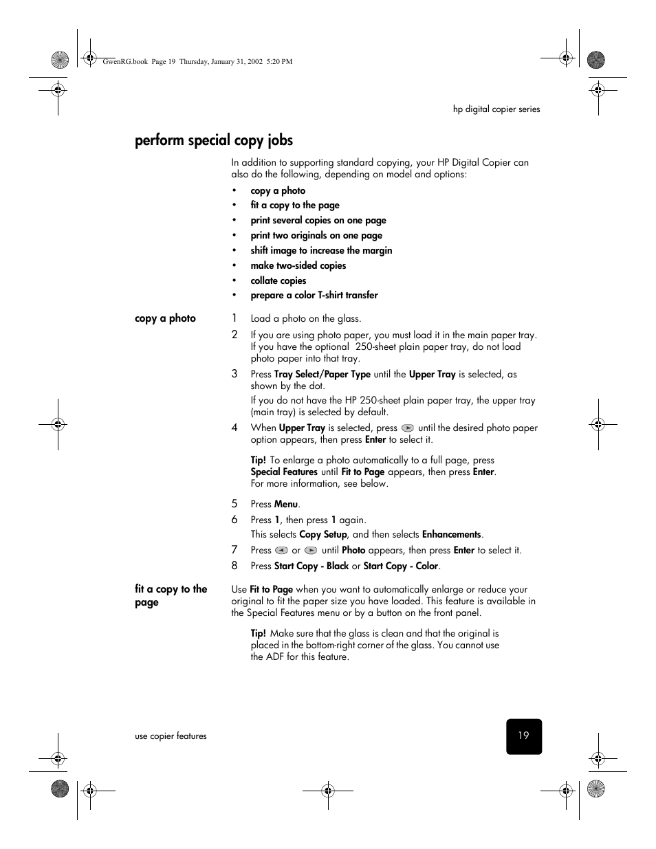 Perform special copy jobs, Copy a photo | HP 610 User Manual | Page 25 / 102