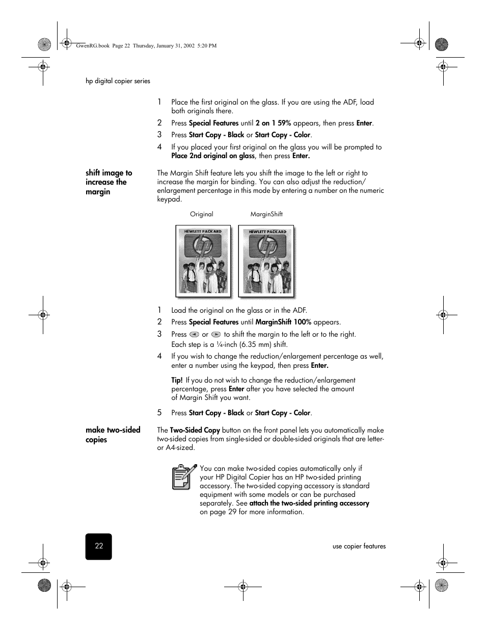 Shift image to increase the margin, Make twosided copies, Make two-sided copies | HP 610 User Manual | Page 28 / 102