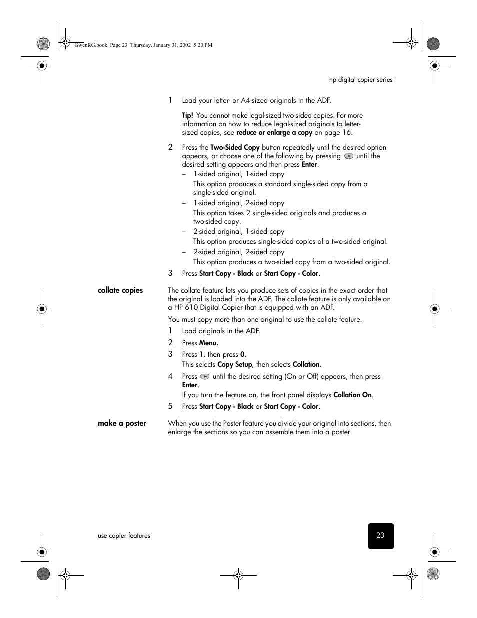Collate copies, Make a poster | HP 610 User Manual | Page 29 / 102