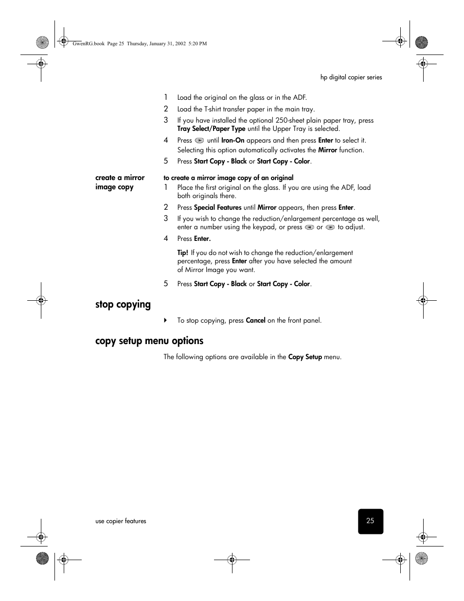 Create a mirror image copy, Stop copying, Copy setup menu options | HP 610 User Manual | Page 31 / 102