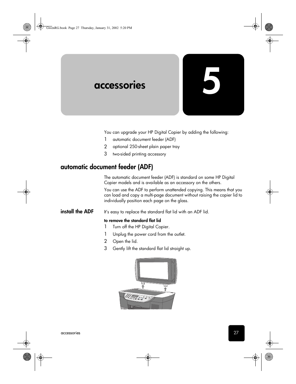 Accessories, Automatic document feeder (adf), Install the adf | 5 accessories | HP 610 User Manual | Page 33 / 102