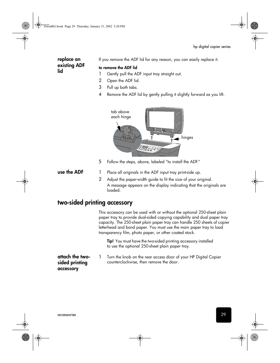 Replace an existing adf lid, Use the adf, Two-sided printing accessory | Attach the two- sided printing accessory, Attach the two-sided printing accessory, E attach the | HP 610 User Manual | Page 35 / 102