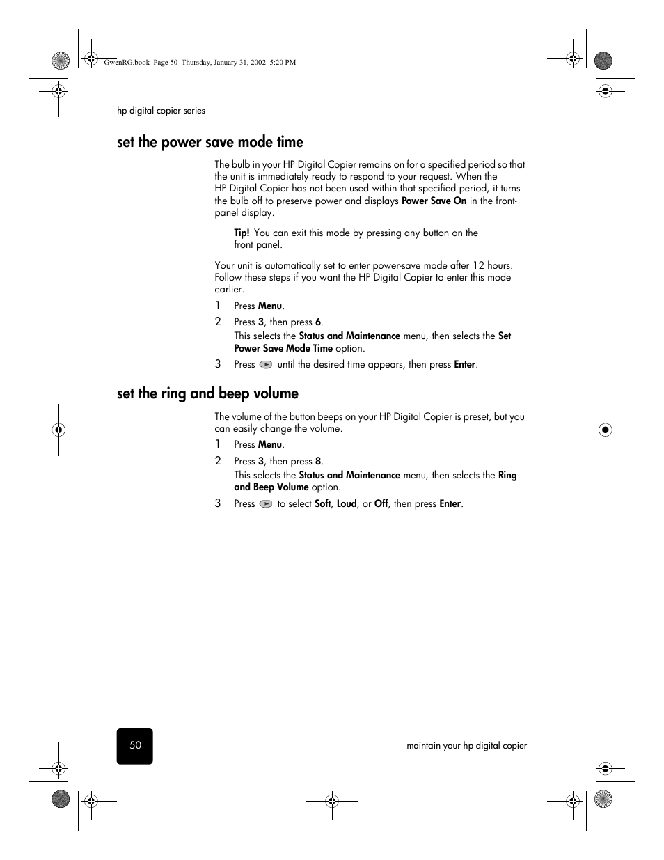 Set the power save mode time, Set the ring and beep volume | HP 610 User Manual | Page 56 / 102