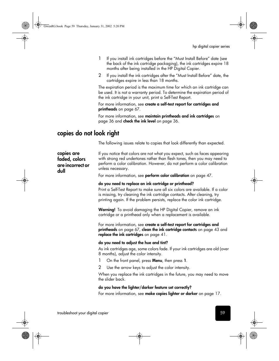 Copies do not look right, Copies are faded, colors are incorrect or dull | HP 610 User Manual | Page 65 / 102