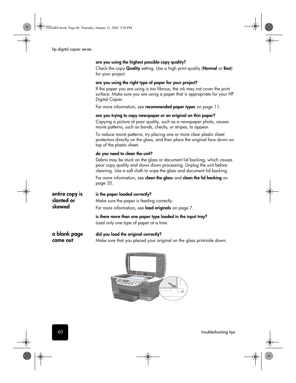 Entire copy is slanted or skewed | HP 610 User Manual | Page 66 / 102