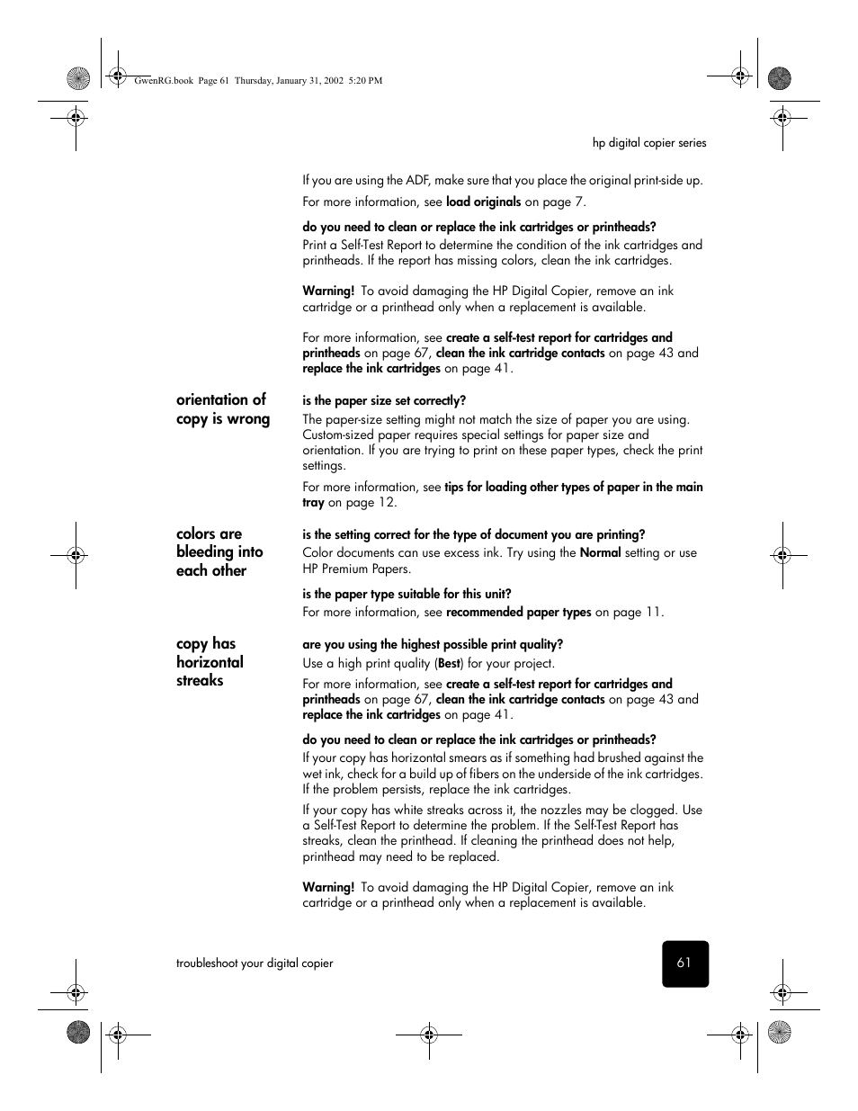 Orientation of copy is wrong, Colors are bleeding into each other, Copy has horizontal streaks | HP 610 User Manual | Page 67 / 102