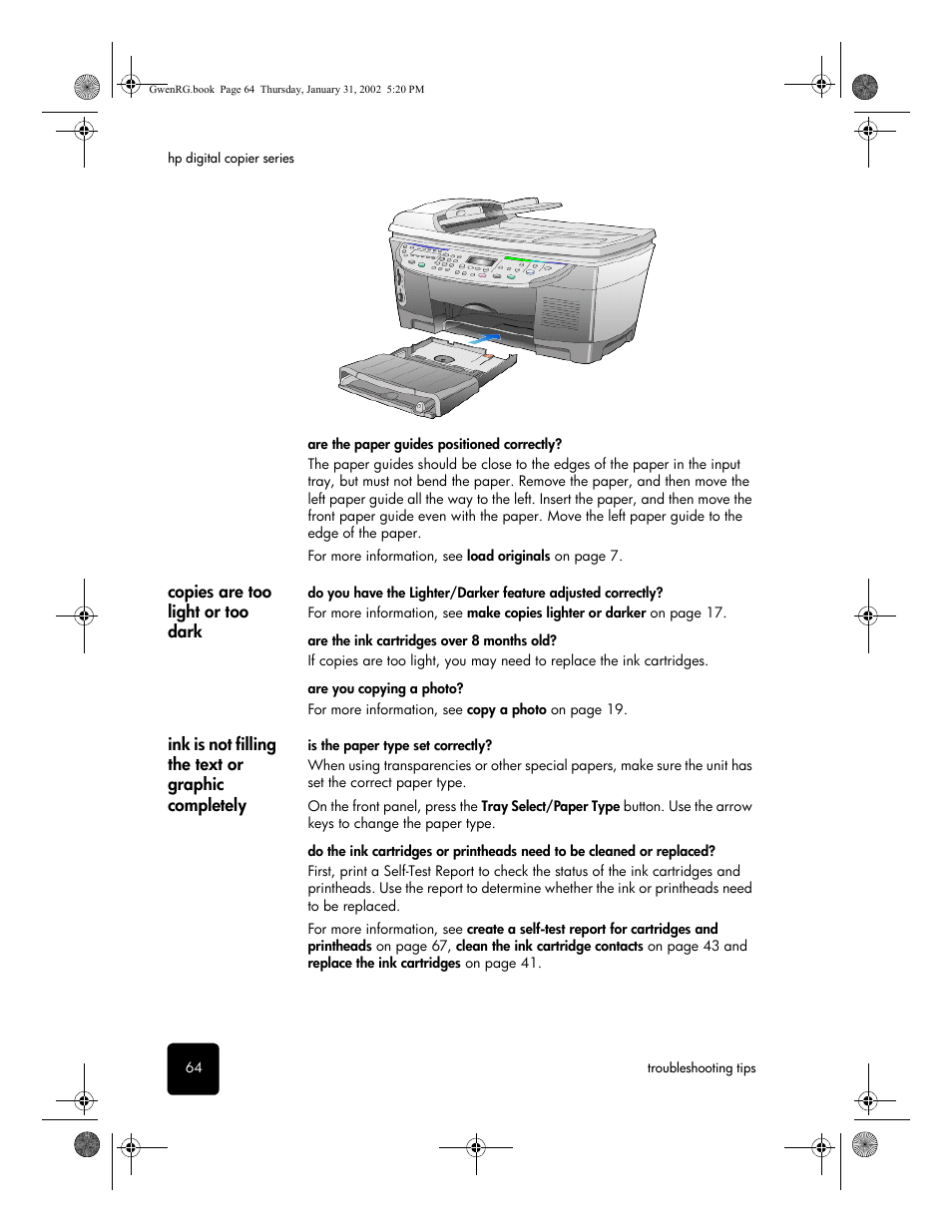 Copies are too light or too dark, Ink is not filling the text or graphic completely | HP 610 User Manual | Page 70 / 102