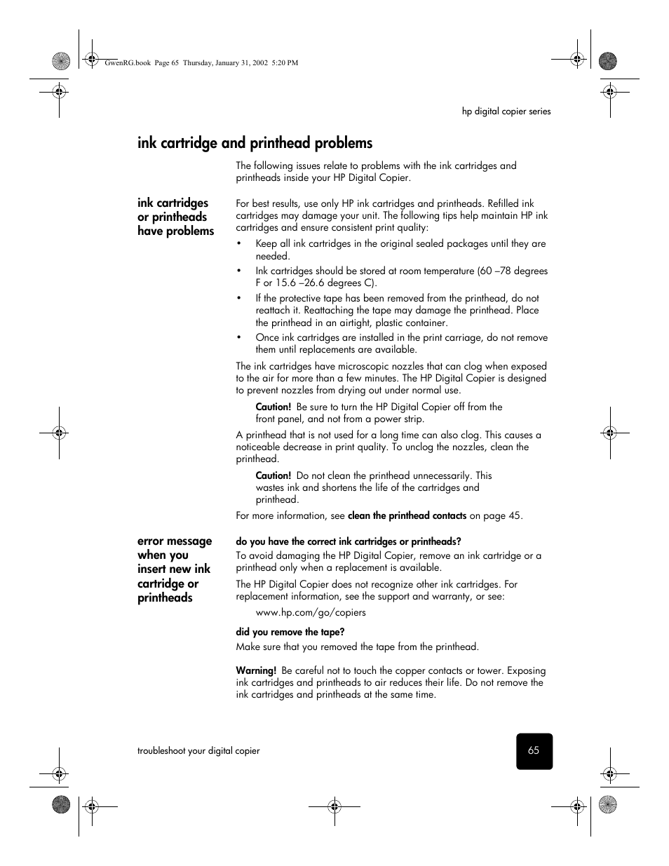 Ink cartridge and printhead problems, Ink cartridges or printheads have problems | HP 610 User Manual | Page 71 / 102