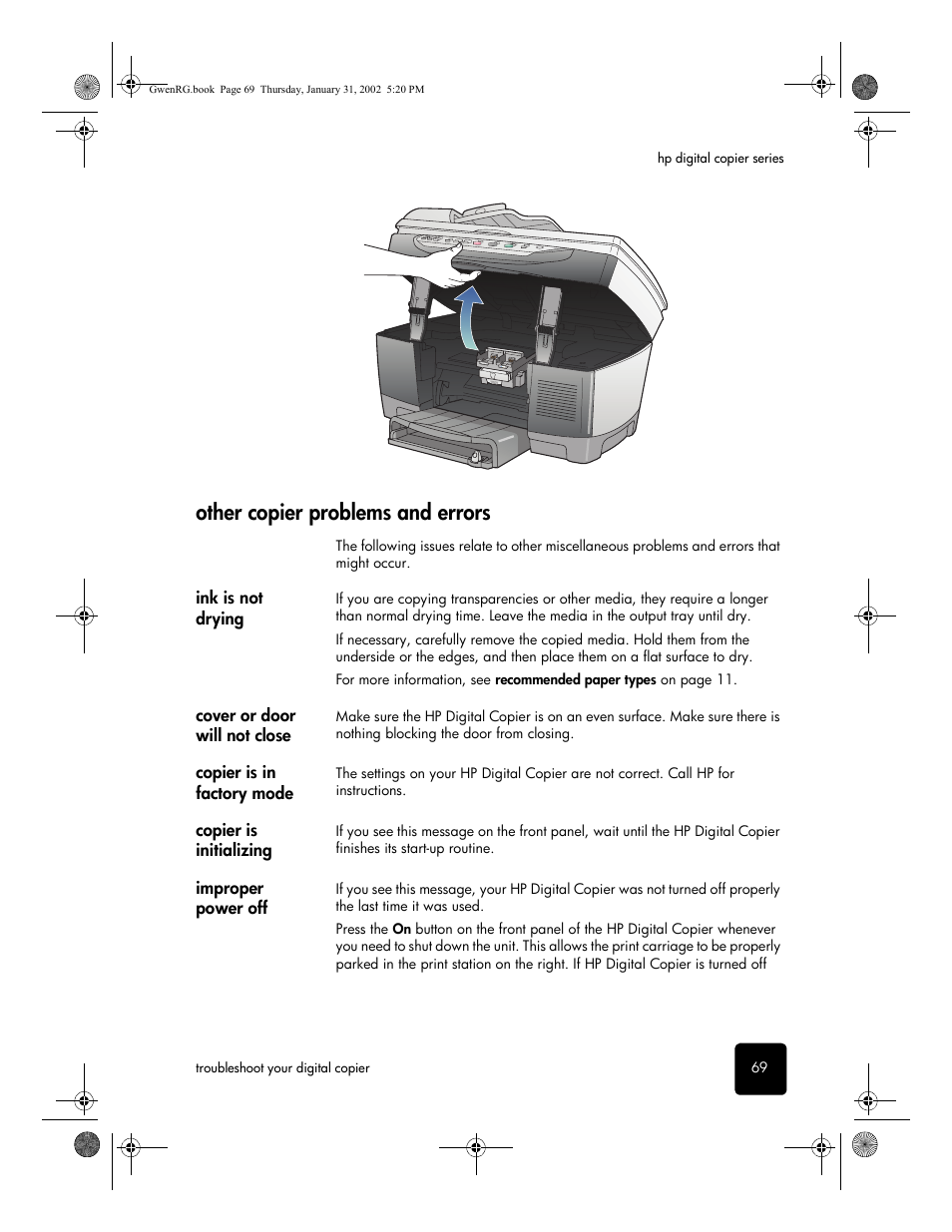 Other copier problems and errors, Ink is not drying, Cover or door will not close | Copier is in factory mode, Copier is initializing, Improper power off | HP 610 User Manual | Page 75 / 102