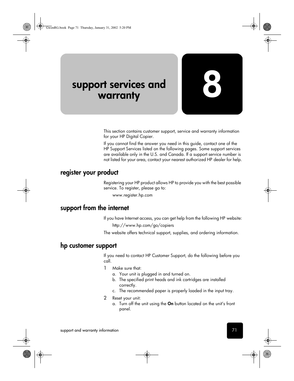 Support services and warranty, Register your product, Support from the internet | Hpcustomer support, 8 support services and warranty, Hp customer support | HP 610 User Manual | Page 77 / 102