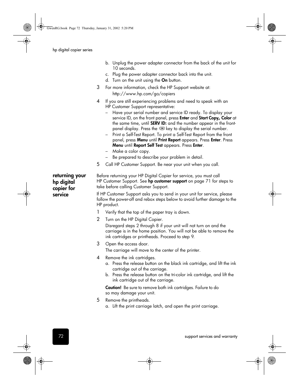 Returning your hp digital copier for service | HP 610 User Manual | Page 78 / 102
