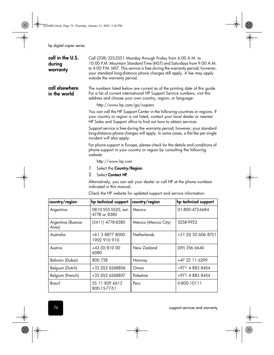 Call in the u.s. during warranty, Call elsewhere in the world | HP 610 User Manual | Page 80 / 102