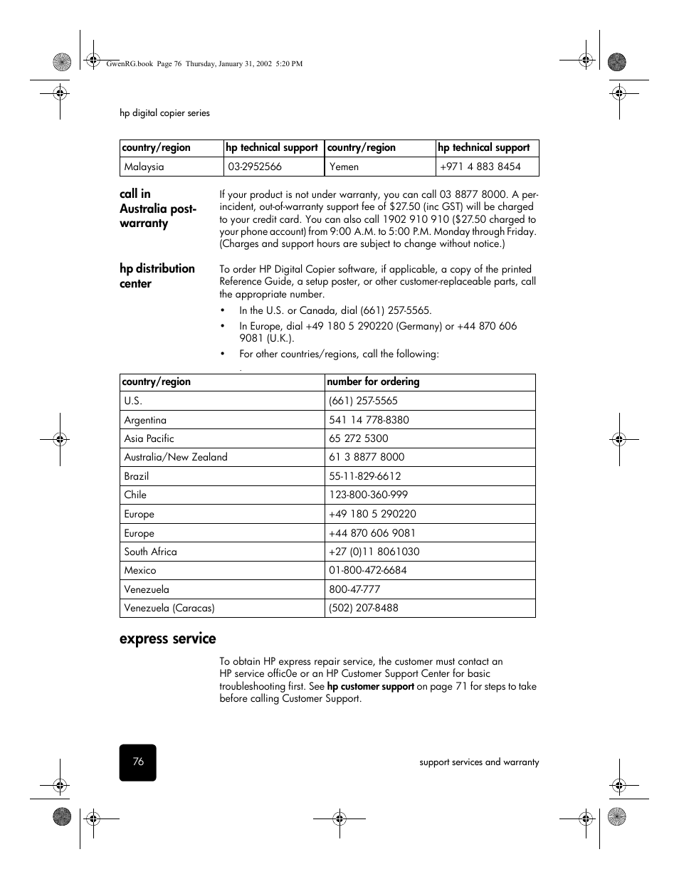 Call in australia post- warranty, Hpdistribution center, Express service | Call in australia post-warranty, Hp distribution center | HP 610 User Manual | Page 82 / 102