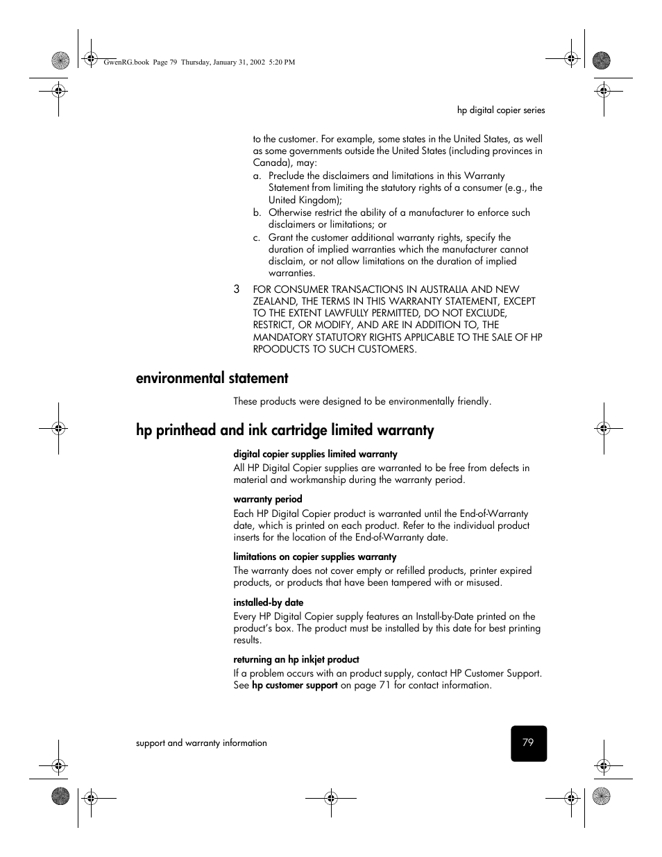 Environmental statement, Hp printhead and ink cartridge limited warranty | HP 610 User Manual | Page 85 / 102