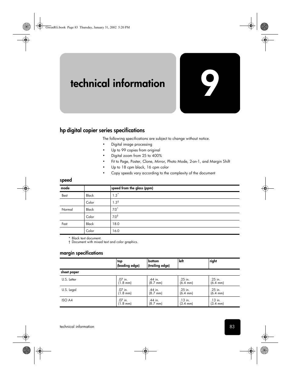 Technical information, Hpdigital copier series specifications, Margin specifications | 9 technical information, Hp digital copier series specifications | HP 610 User Manual | Page 89 / 102